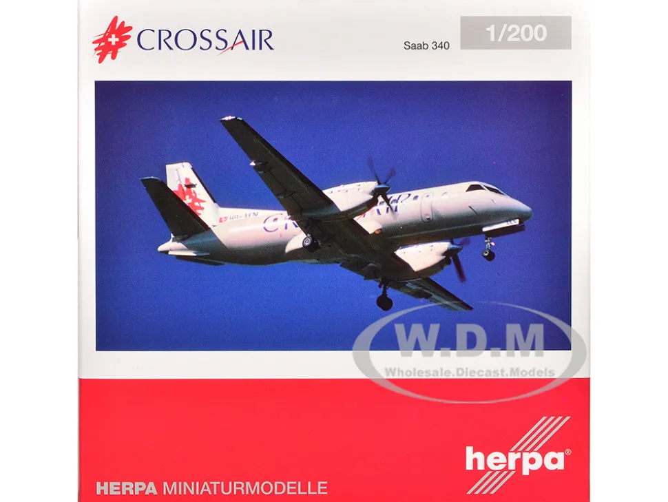 Saab 340 Commercial Aircraft "Crossair" (HB-AKN) White with Tail Graphics 1/200 Diecast Model Airplane by Herpa