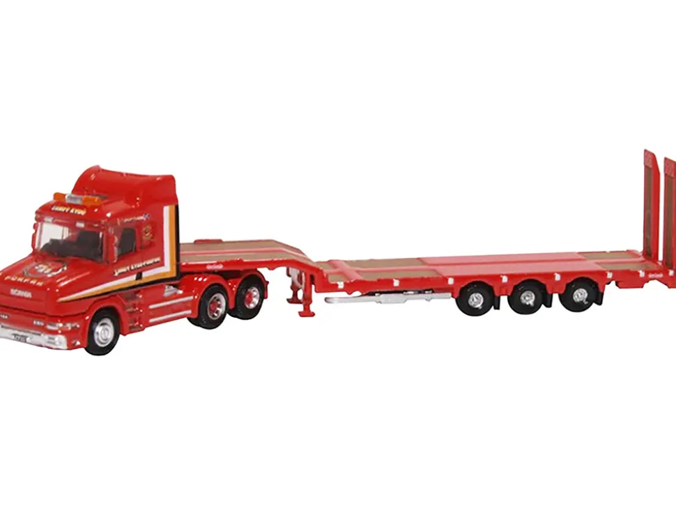 Scania T-Cab Truck RHD (Right Hand Drive) with Lowboy Trailer "Sandy Kydd" Red with Stripes 1/148 (N) Scale Diecast Model Car by Oxford Diecast