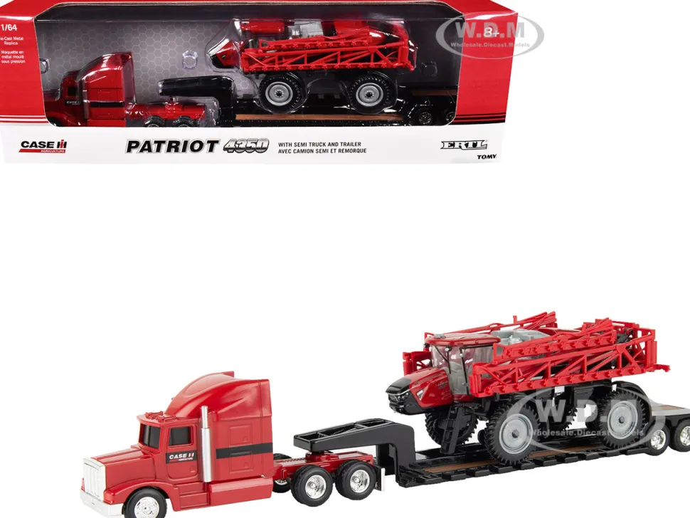 Semi Truck Red with Flatbed Trailer and Case IH Patriot 4350 Sprayer Red "Case IH Agriculture" Series 1/64 Diecast Models by ERTL TOMY