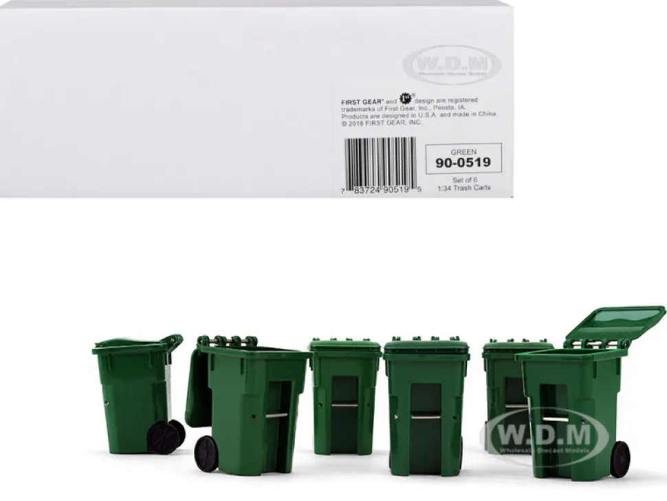 Set of 6 Green Garbage Trash Bin Containers Replica 1/34 First Gear 90-0519