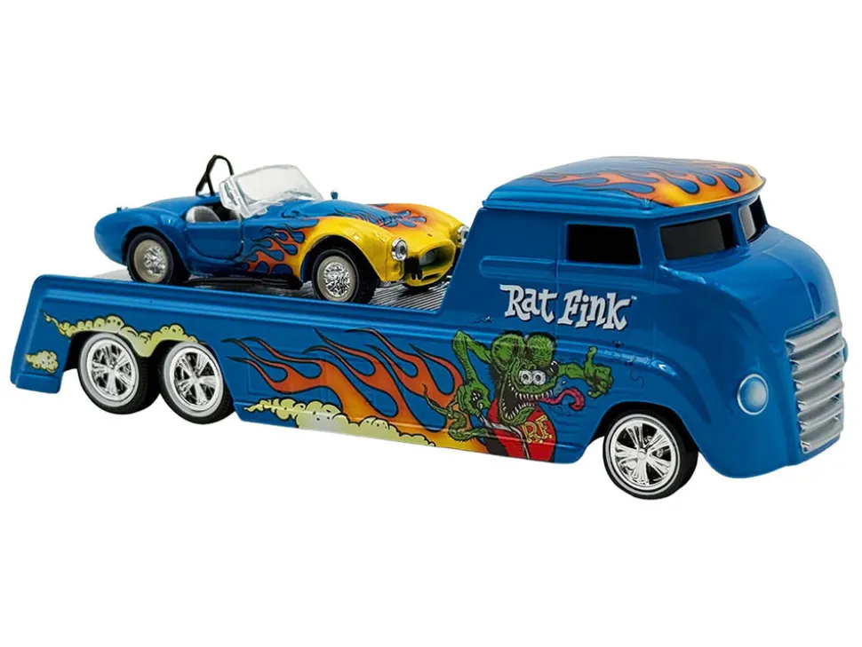 Shelby Cobra Super Snake Blue Metallic with Flames and Custom "Rat Fink" Hauler Blue Metallic with Flames and Graphics 1/64 Diecast Model Cars by ACME