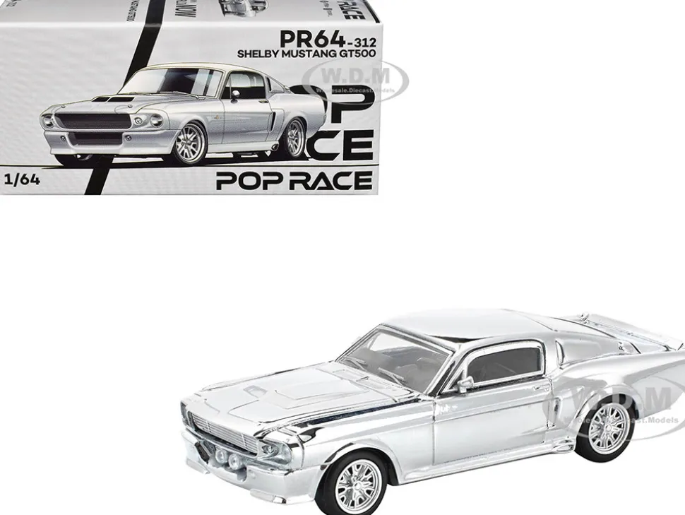 Shelby Mustang GT500 Silver Chrome 1/64 Diecast Model Car by Pop Race