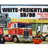 Skill 3 Model Kit White Freightliner SD/DD Truck Tractor 2 in 1 Kit Display Base 75th Freightliner Anniversary Commemorative Edition 1/25 Scale Model AMT AMT1046