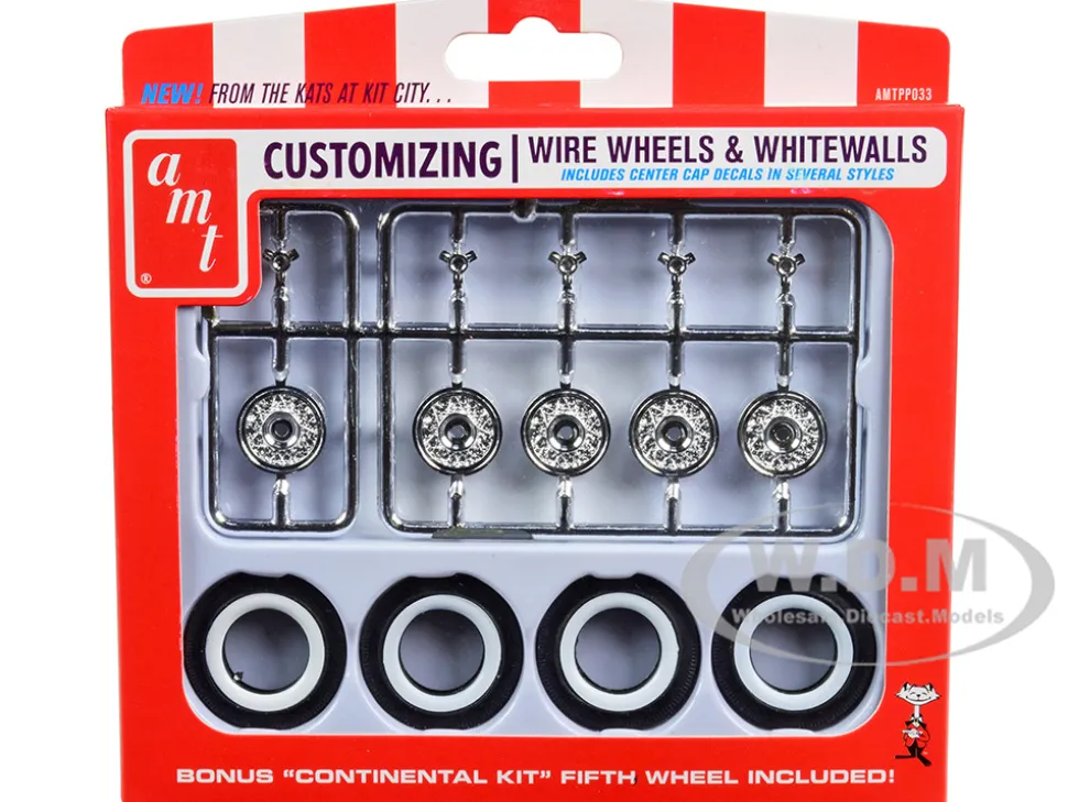Skill 2 Model Kit Wire Wheels Whitewall Tires Set 5 Pieces 1/25 Scale Models AMT AMTPP033