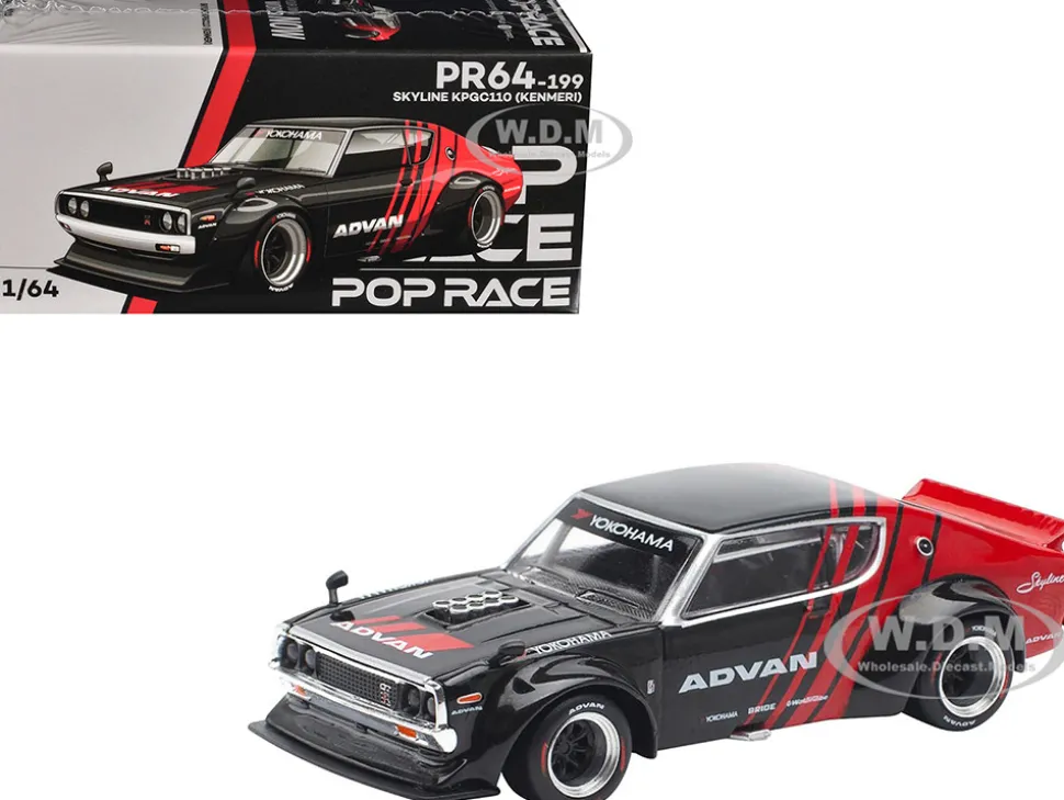 Skyline KPGC110 "Kenmeri" RHD (Right Hand Drive) "ADVAN" Black and Red 1/64 Diecast Model Car by Pop Race