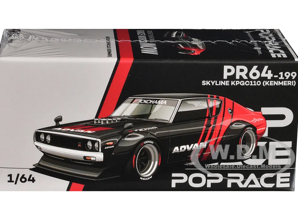 Skyline KPGC110 "Kenmeri" RHD (Right Hand Drive) "ADVAN" Black and Red 1/64 Diecast Model Car by Pop Race