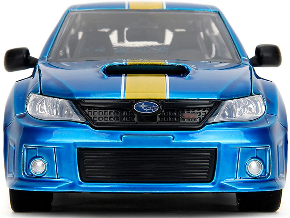 2012 Subaru Impreza WRX STI Blue Metallic with Graphics and Sonic The Hedgehog Diecast Figure "Sonic The Hedgehog" "Hollywood Rides" Series 1/24 Diecast Model Car by Jada
