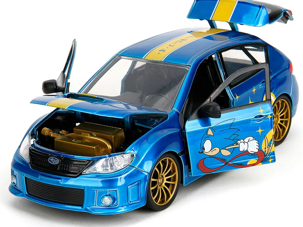 2012 Subaru Impreza WRX STI Blue Metallic with Graphics and Sonic The Hedgehog Diecast Figure "Sonic The Hedgehog" "Hollywood Rides" Series 1/24 Diecast Model Car by Jada
