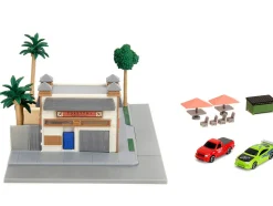 Toretto Cafe Diorama with Mitsubishi Eclipse Green and Ford F-150 SVT Lightning Red