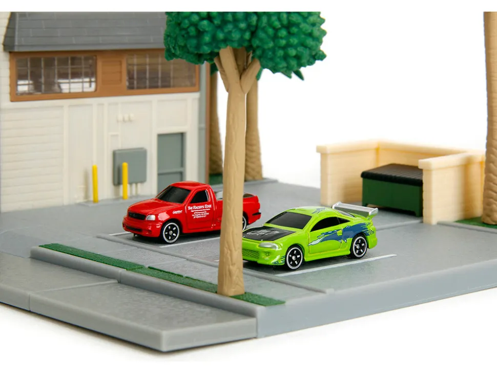 Toretto Cafe Diorama with Mitsubishi Eclipse Green and Ford F-150 SVT Lightning Red "Fast and Furious" "Nano Scene" Series Model by Jada