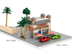 Toretto Cafe Diorama with Mitsubishi Eclipse Green and Ford F-150 SVT Lightning Red