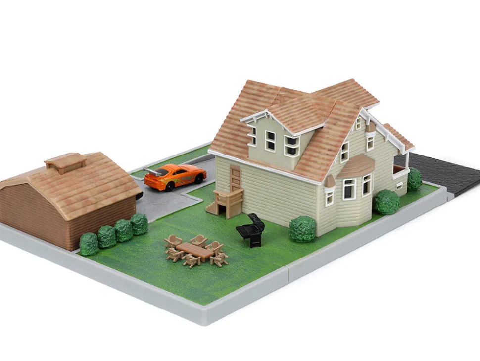 Toretto House Diorama with Dodge Charger Black and Toyota Supra Orange with Graphics Fast and Furious Nano Scene Series Models Jada 33668