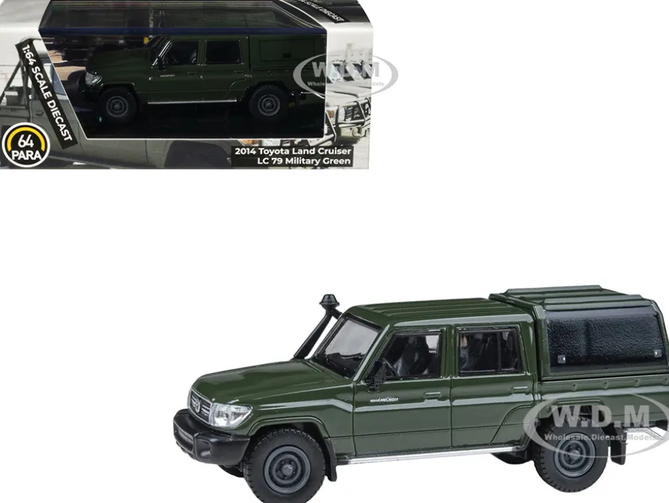 2014 Toyota Land Cruiser LC 79 with Camper Shell Military Green 1/64 Diecast Model Car by Paragon Models