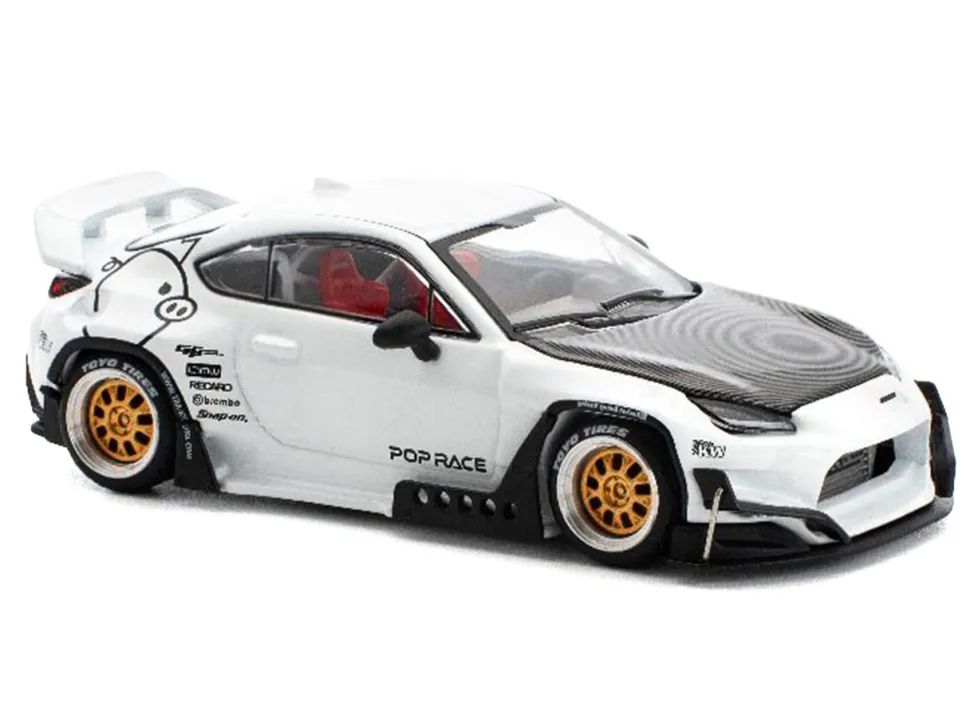 Toyota Pandem GR86 White with Carbon Hood "Enigma Exclusive Edition" 1/64 Diecast Model Car by Pop Race