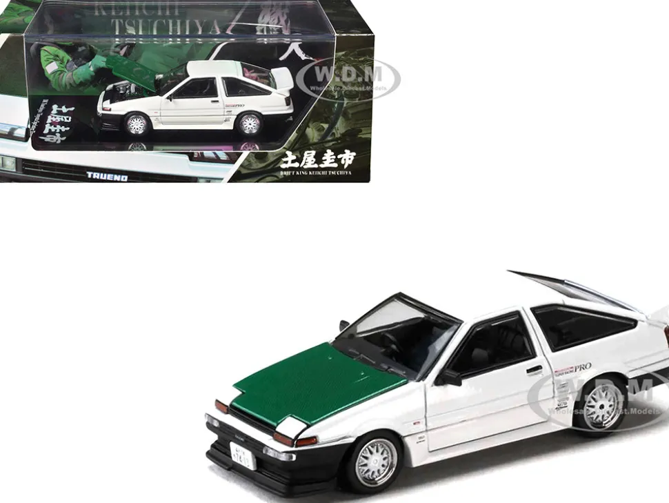 Toyota Sprinter Trueno (AE86) RHD (Right Hand Drive) "Keiichi Tsuchiya - Dori Dori Mesh Wheels" White with Green Carbon Hood 1/64 Diecast Model Car by Hobby Japan