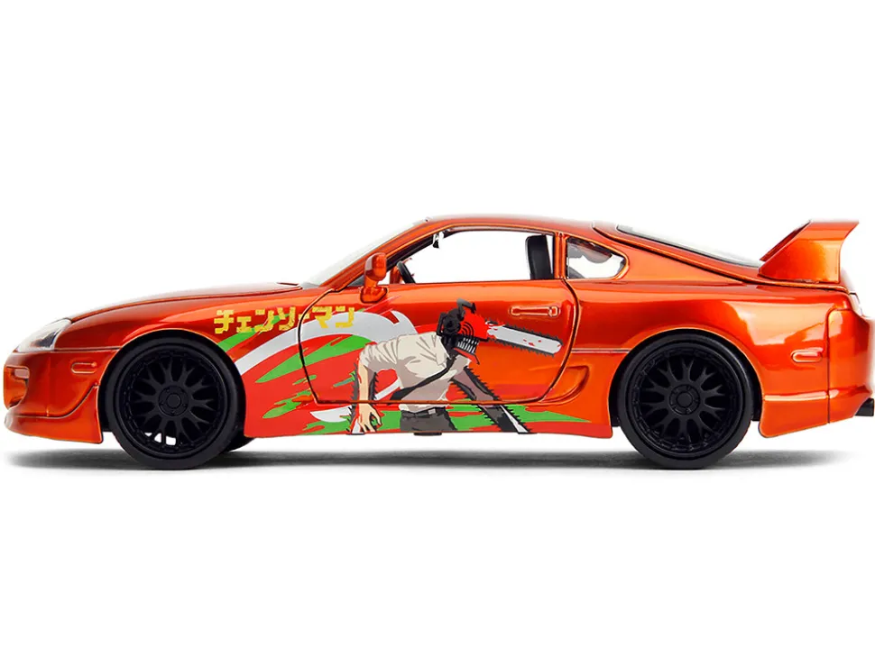 1995 Toyota Supra Orange Metallic with Graphics and Chainsaw Man Diecast Figure "Chainsaw Man" (2022) TV Series "Anime Hollywood Rides" Series 1/24 Diecast Model by Jada