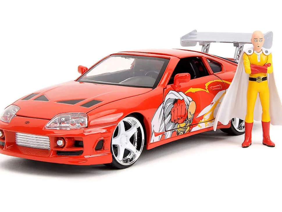 1995 Toyota Supra Red with Graphics and Saitama Diecast Figure "One Punch Man" (2015-2019) TV Series 1/24 Diecast Model by Jada