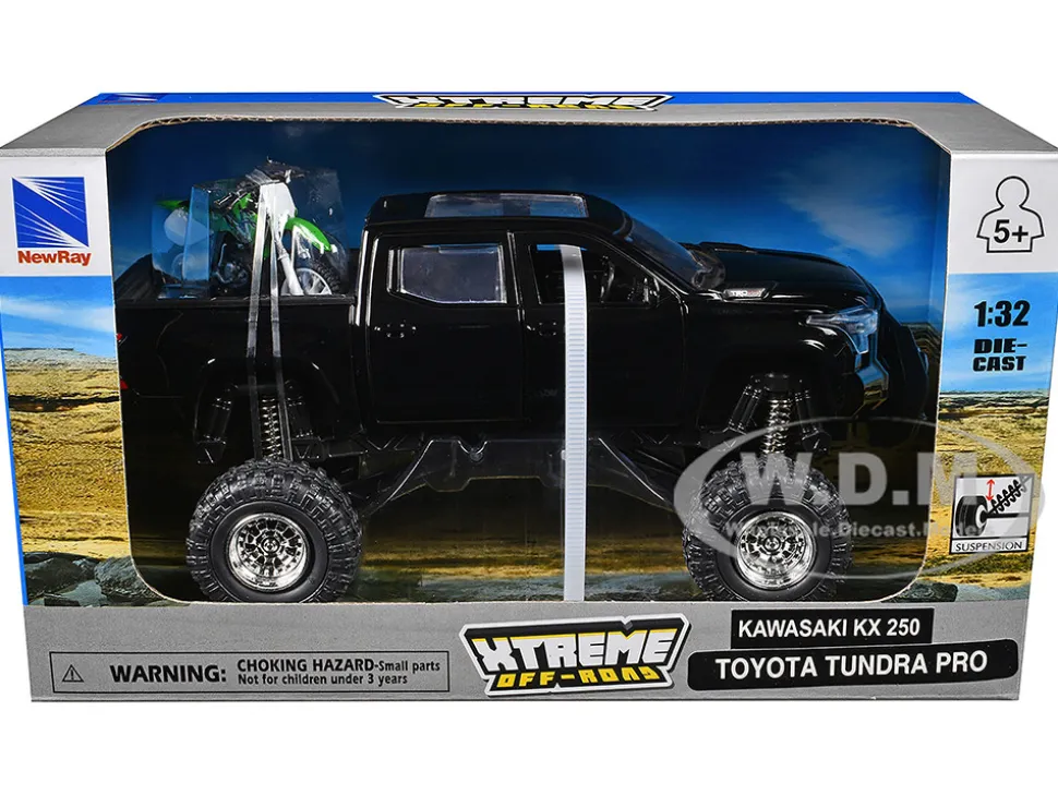 Toyota Tundra Pro Pickup Truck Black and Kawasaki KX 250 Motorcycle Green and White "Xtreme Off-Road" Series 1/32 Diecast Models by New Ray