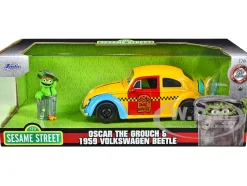 1959 Volkswagen Beetle Taxi Yellow Blue Oscar's Taxi Service Oscar Grouch Diecast Figure Sesame Street Hollywood Rides Series 1/24 Diecast Model Car Jada 32801