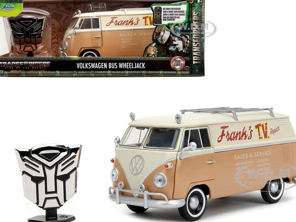 Volkswagen Bus WheelJack Tan and Beige Frank s TV Repair and Transformers Logo Diecast Statue Transformers Rise of the Beasts 2023 Movie Hollywood Rides Series 1/24 Diecast Model Car Jada 34264