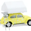 Volkswagen Classic Beetle Yellow with White Flower Graphics and Interior with Camp'otel Cartop Sleeper Tent "The Great Outdoors" Series 4 1/64 Diecast Model Car by Greenlight
