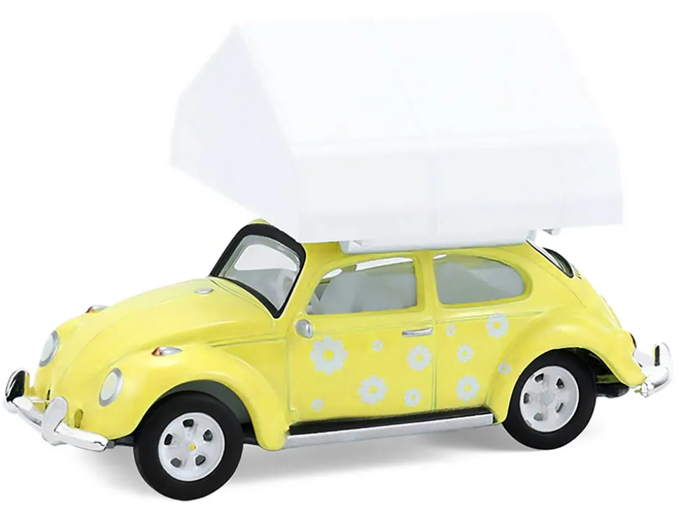 Volkswagen Classic Beetle Yellow with White Flower Graphics and Interior with Camp'otel Cartop Sleeper Tent "The Great Outdoors" Series 4 1/64 Diecast Model Car by Greenlight