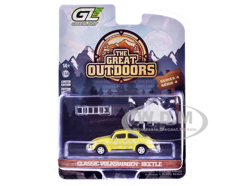 Volkswagen Classic Beetle Yellow with White Flower Graphics and Interior with Camp'otel Cartop Sleeper Tent "The Great Outdoors" Series 4 1/64 Diecast Model Car by Greenlight