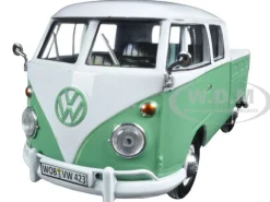 Volkswagen Type 2 (T1) Double Cab Pickup Truck White and Green 1/24 Diecast Model Car Motormax 79343