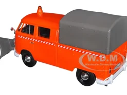Volkswagen Type 2 T1 Pickup Truck Orange Snow Plow Camper Shell 1/24 Diecast Model Car Motormax 79593