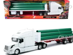 Volvo VN-780 Truck with Flatbed Trailer and Long Pipes White