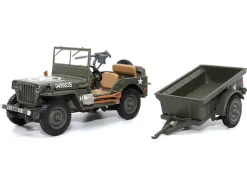 Willys Jeep 1 4 Ton Utility Truck Olive Drab with Trailer United States Army 1/43 Diecast Model Militaria Die Cast 23200-44