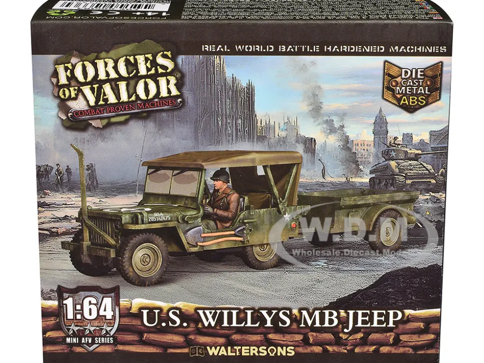 Willys MB Jeep with Trailer Olive Drab (Weathered) with Driver Figure "United States Army" "Mini AFV" Series 1/64 Diecast Model by Forces of Valor